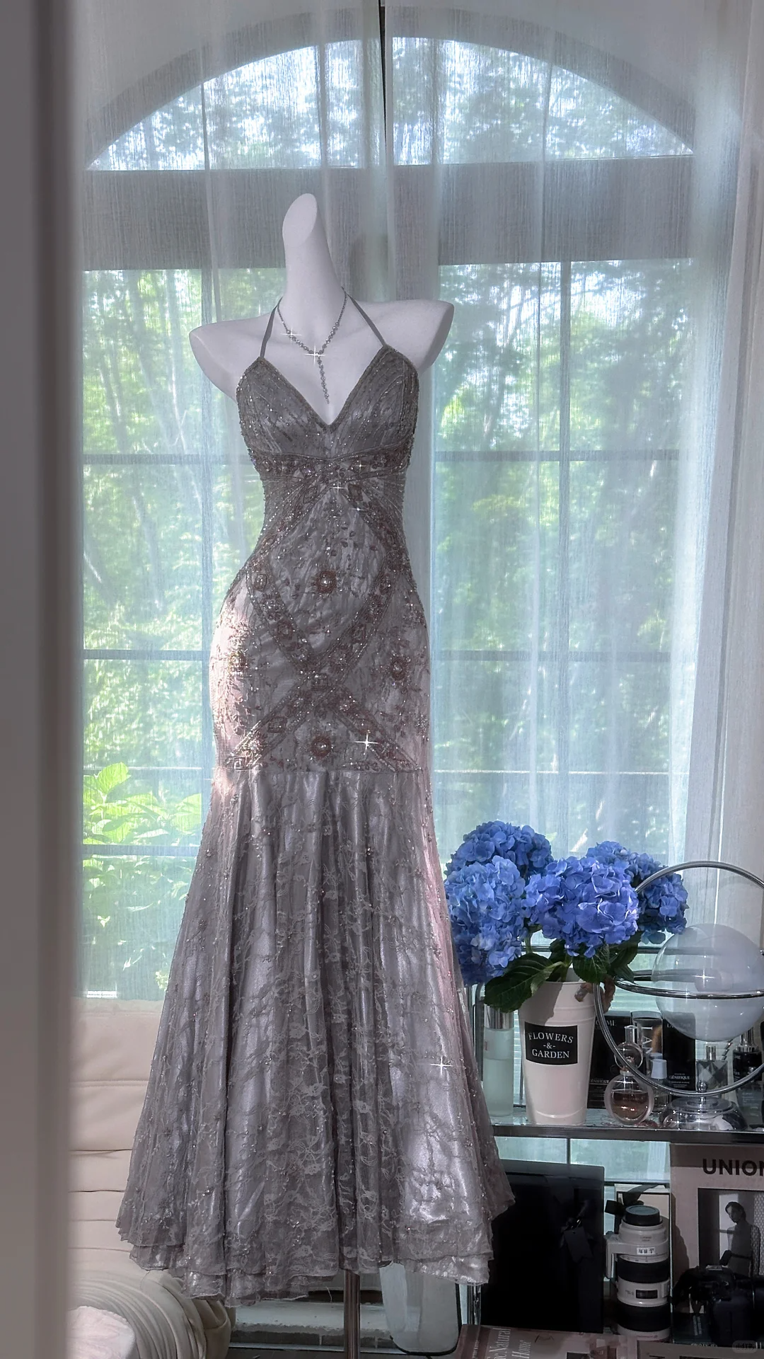 Gorgeous Halter Gray Lace Sequin Beaded Mermaid Long Party Dress Evening Gown D864