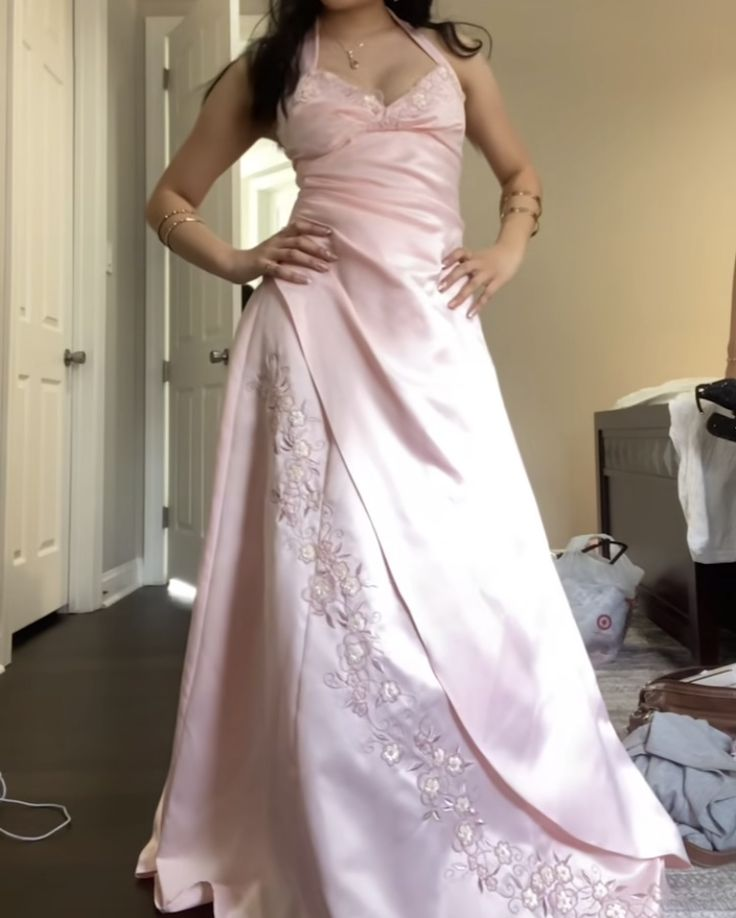 Classy Halter Pink Satin Mermaid Long Birthday Party Dress Evening Gown D1538