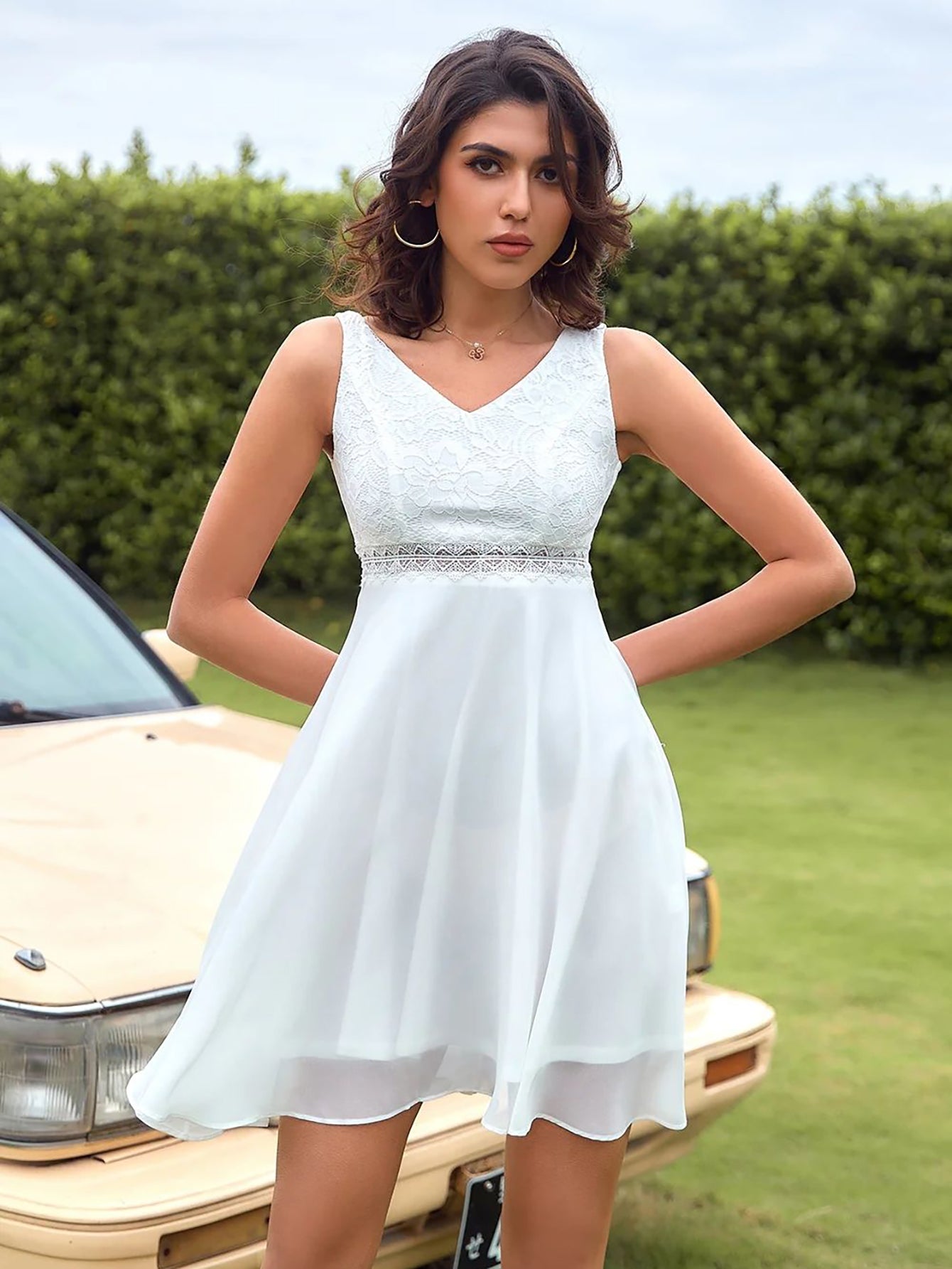 White Lace Chiffon A Line Short Graduation Party Dress - Fashionpara