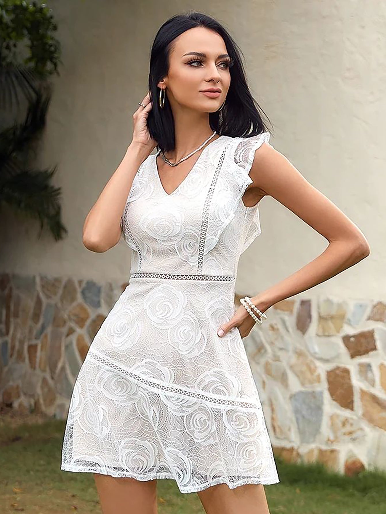 White Lace V Neck A Line Short Graduation Party Dress - Fashionpara