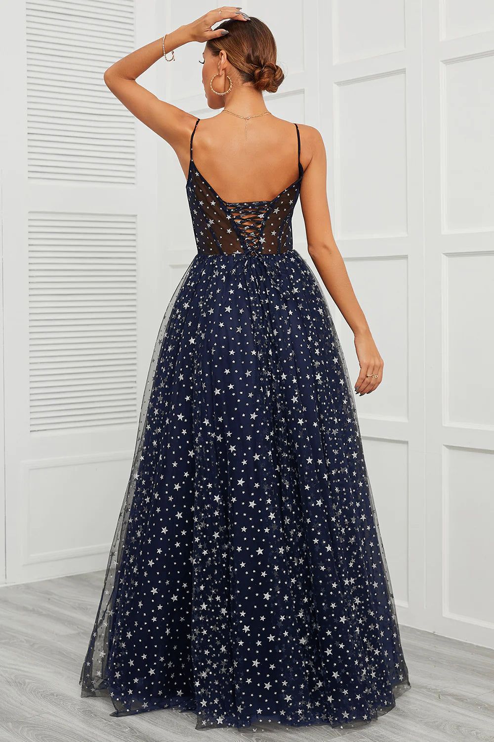 Spaghetti Straps Navy Long Prom Dress with Star - Fashionpara