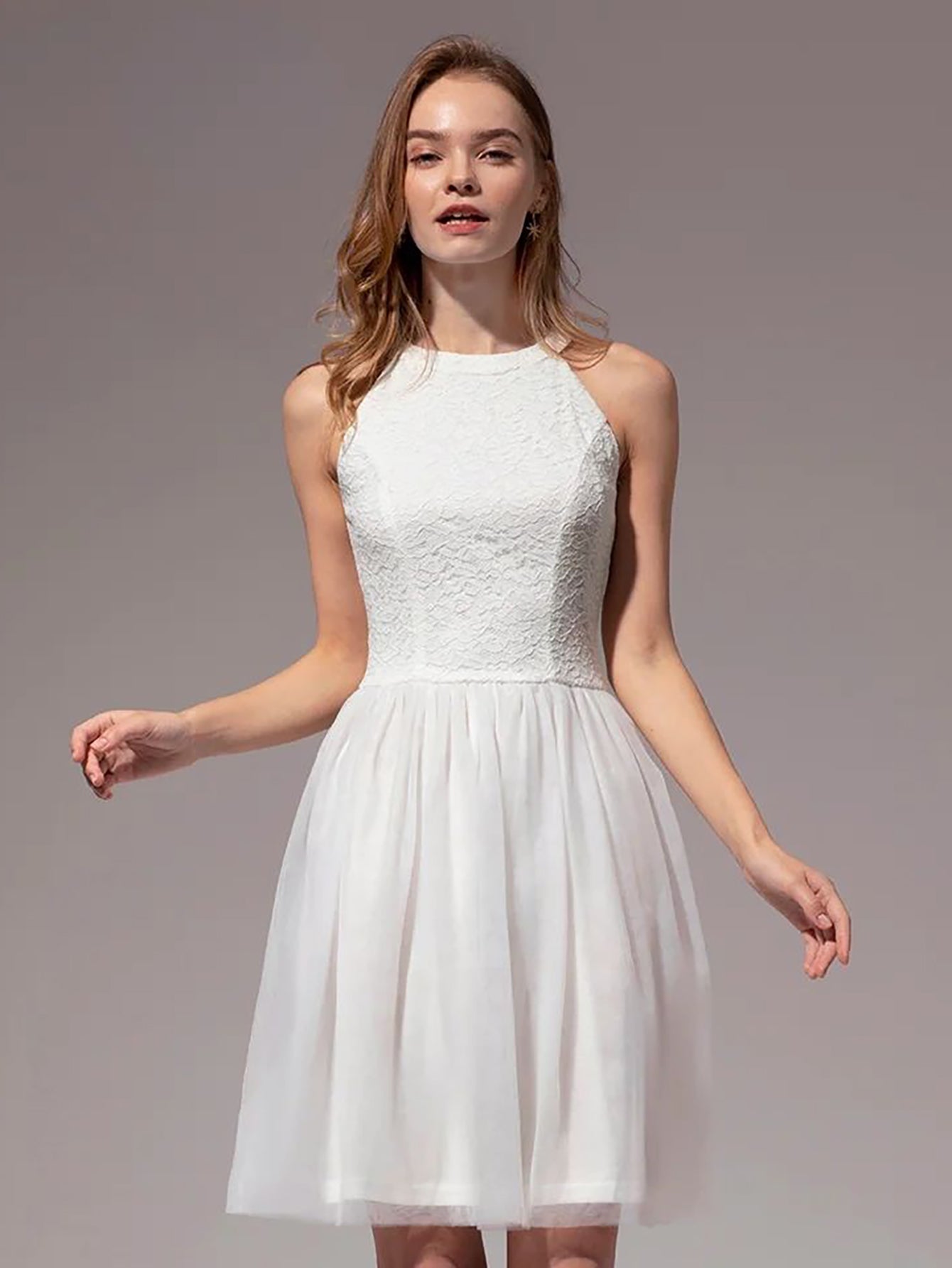 White Halter Lace A Line Short Graduation Party Dress - Fashionpara