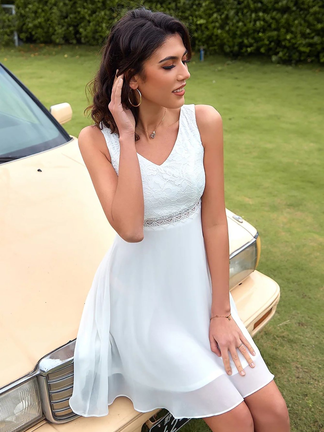 White Lace Chiffon A Line Short Graduation Party Dress - Fashionpara
