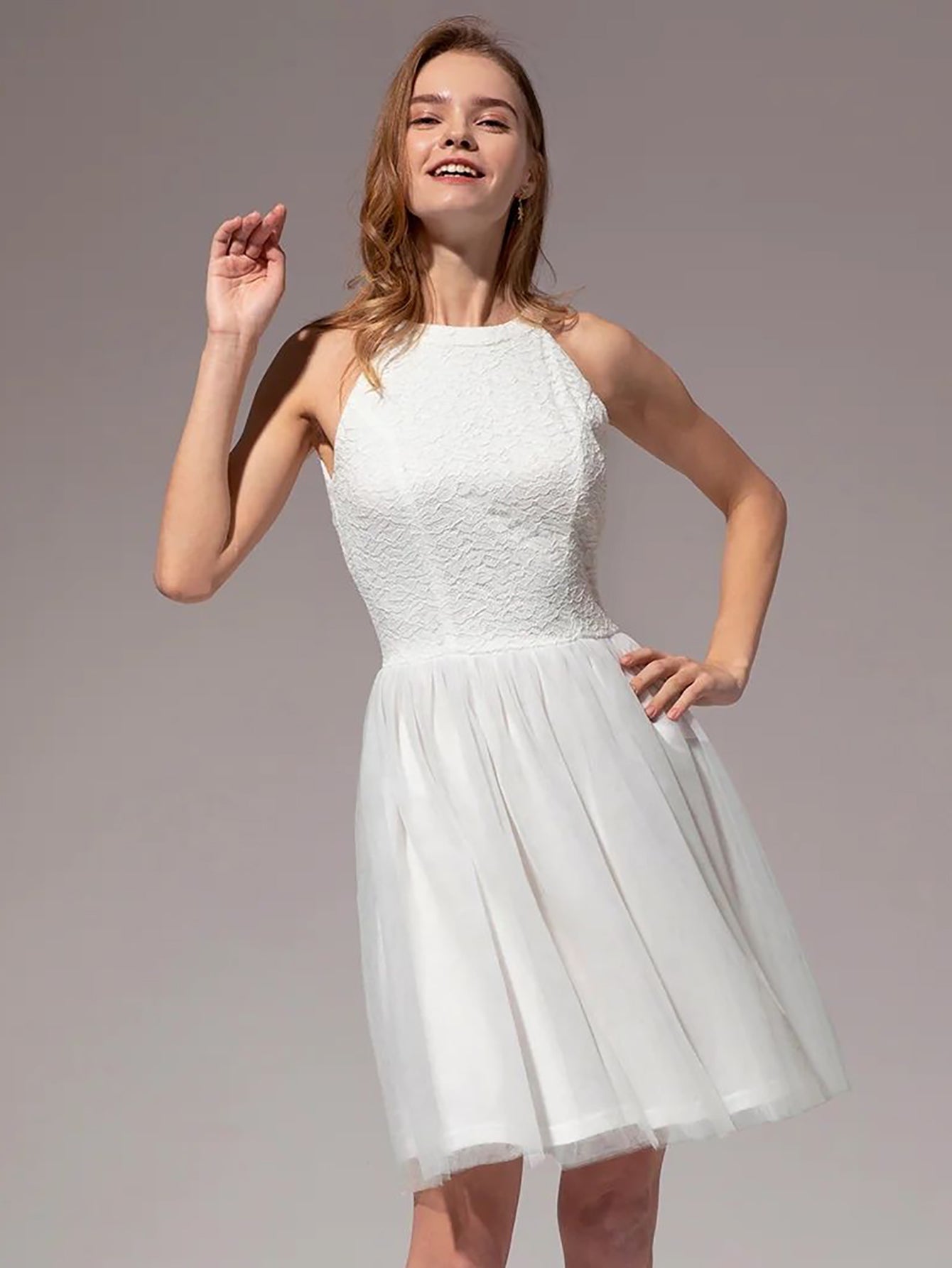 White Halter Lace A Line Short Graduation Party Dress - Fashionpara