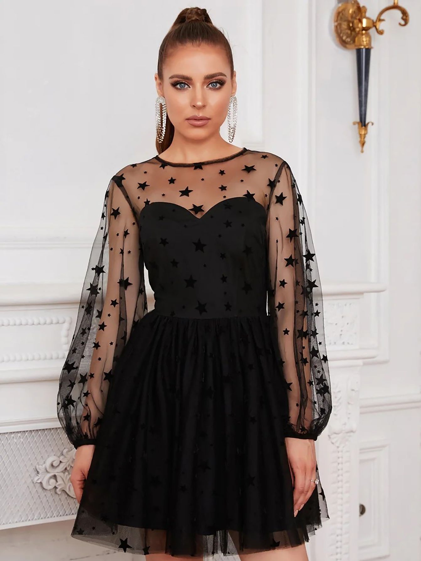 Long Sleeves Tulle Little Black A Line Short Graduation Party Dress - Fashionpara