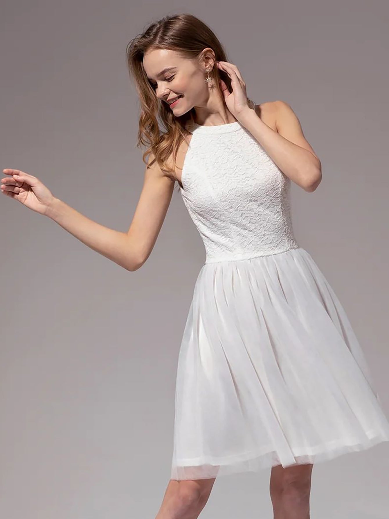 White Halter Lace A Line Short Graduation Party Dress - Fashionpara