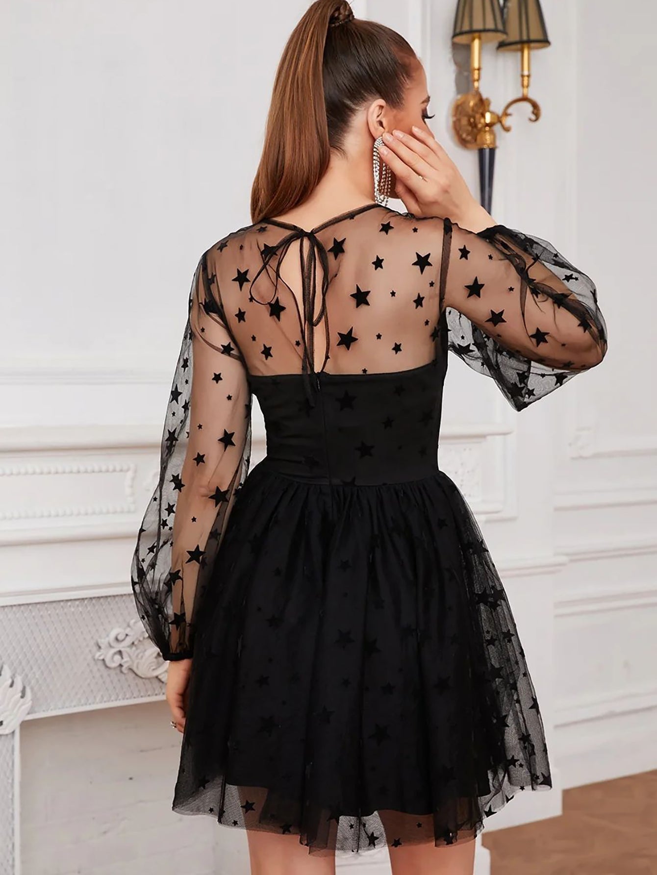 Long Sleeves Tulle Little Black A Line Short Graduation Party Dress - Fashionpara