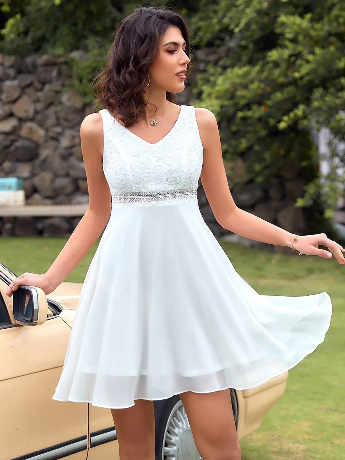 White Lace Chiffon A Line Short Graduation Party Dress - Fashionpara