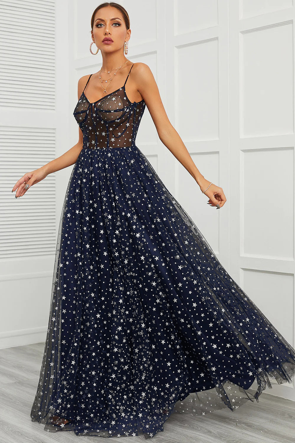 Spaghetti Straps Navy Long Prom Dress with Star - Fashionpara