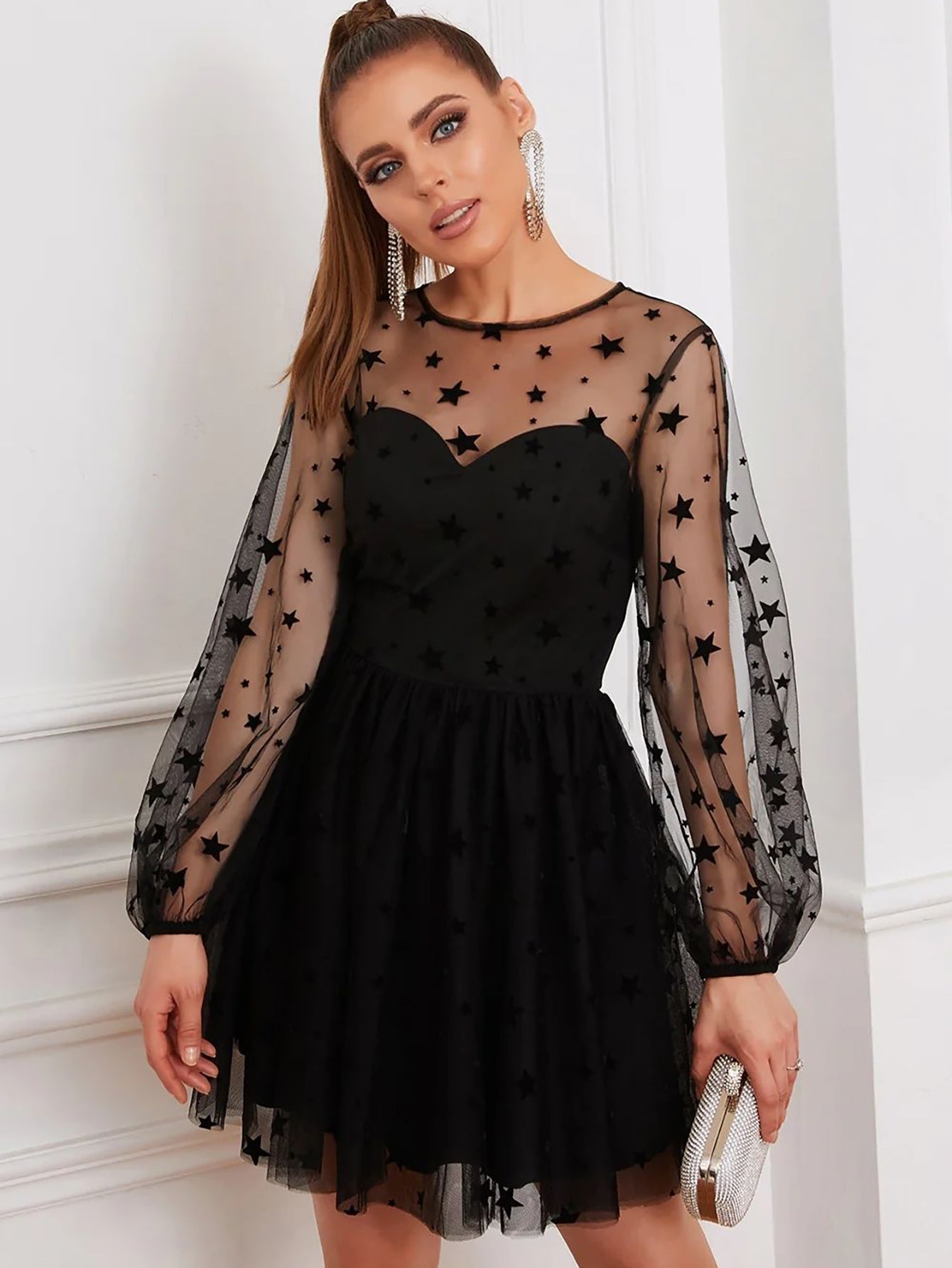 Long Sleeves Tulle Little Black A Line Short Graduation Party Dress - Fashionpara
