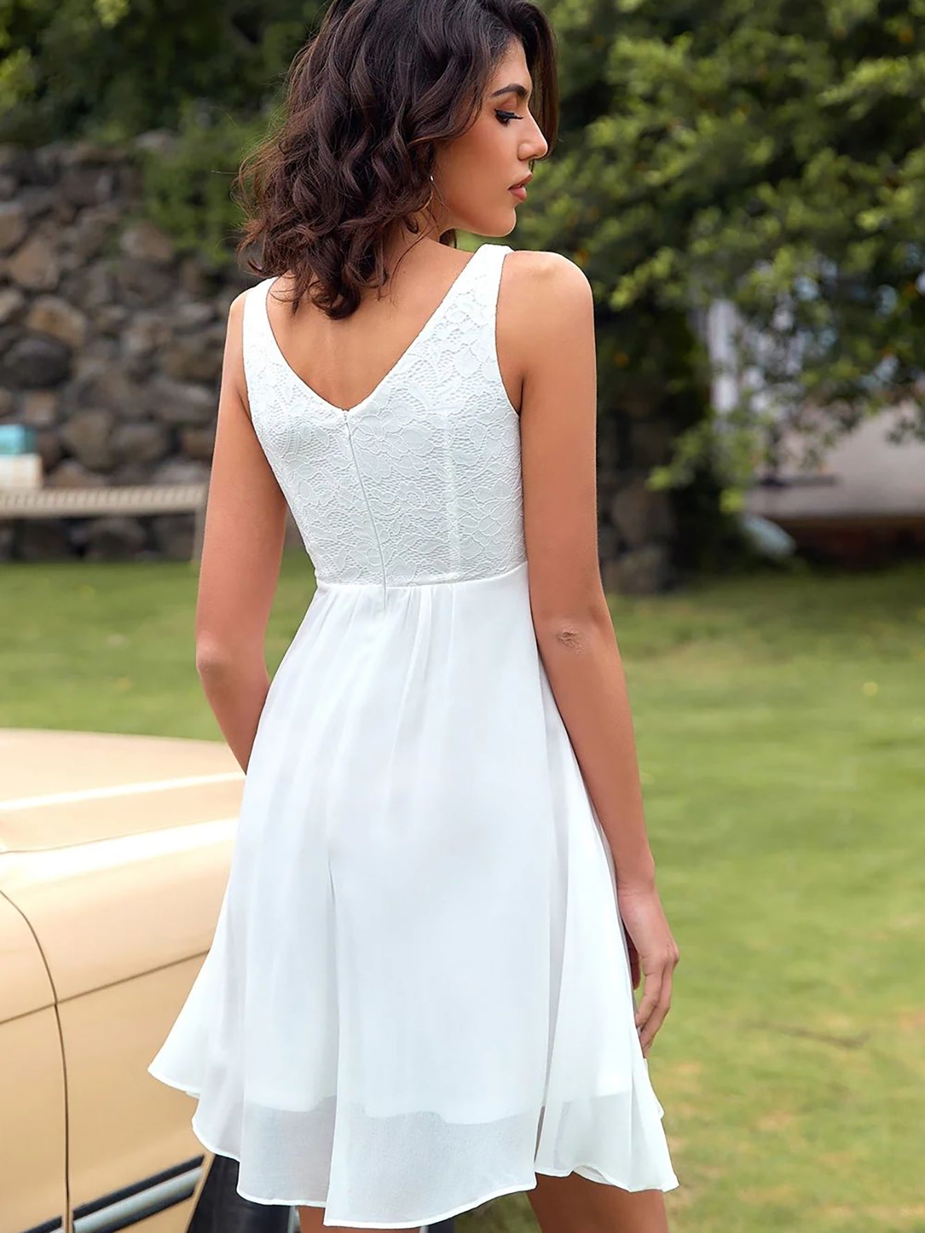 White Lace Chiffon A Line Short Graduation Party Dress - Fashionpara