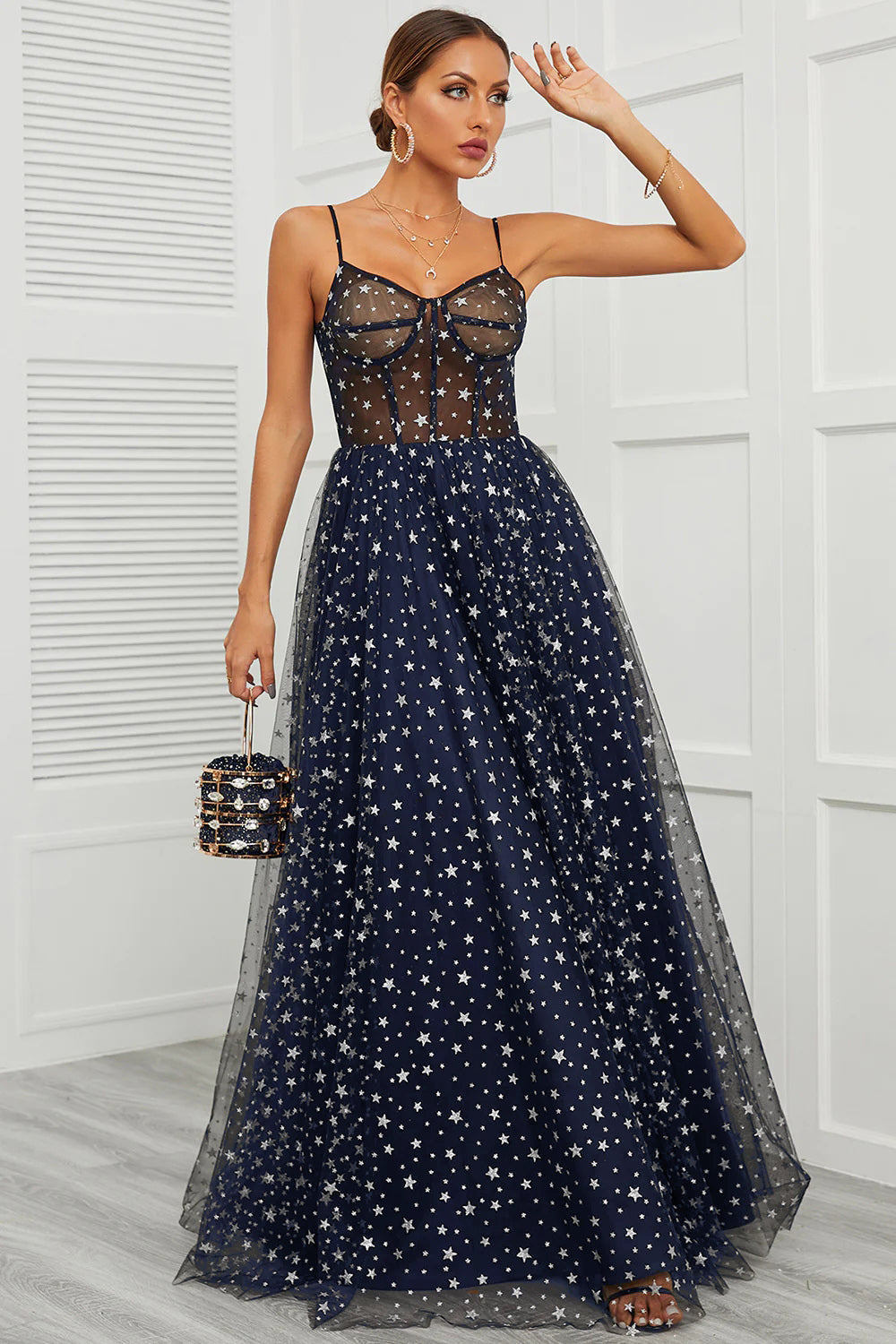 Spaghetti Straps Navy Long Prom Dress with Star - Fashionpara