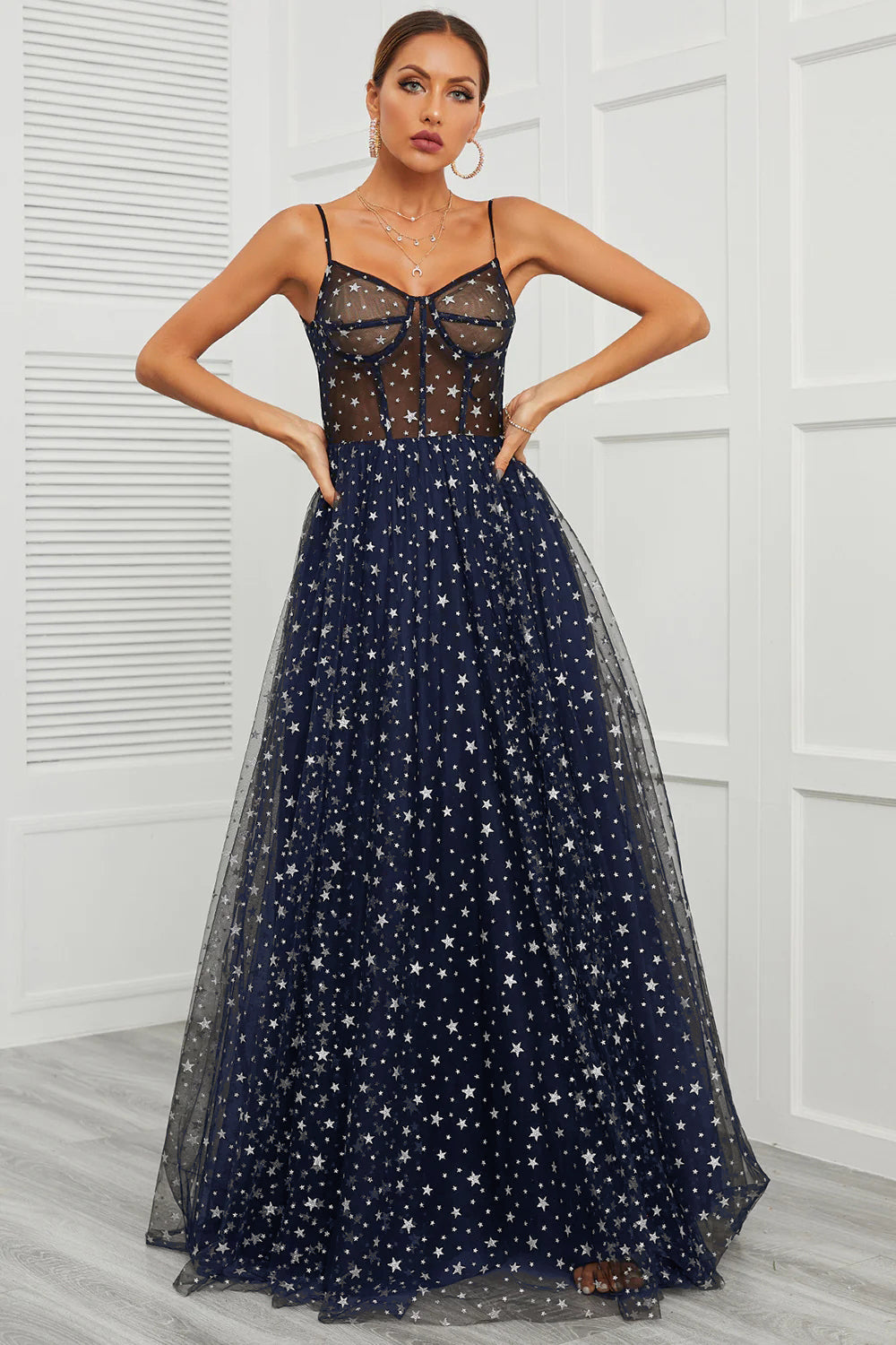 Spaghetti Straps Navy Long Prom Dress with Star - Fashionpara