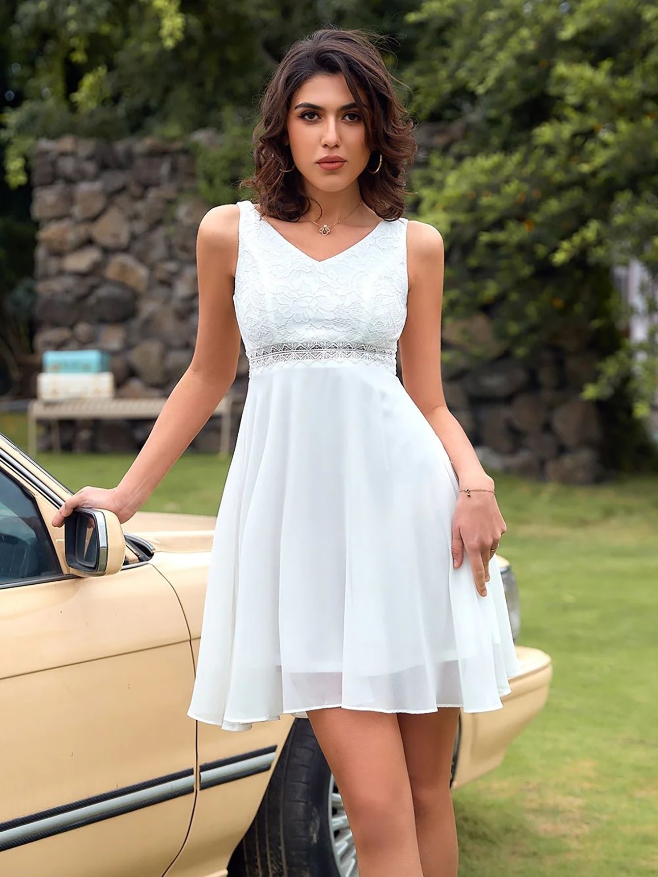White Lace Chiffon A Line Short Graduation Party Dress - Fashionpara