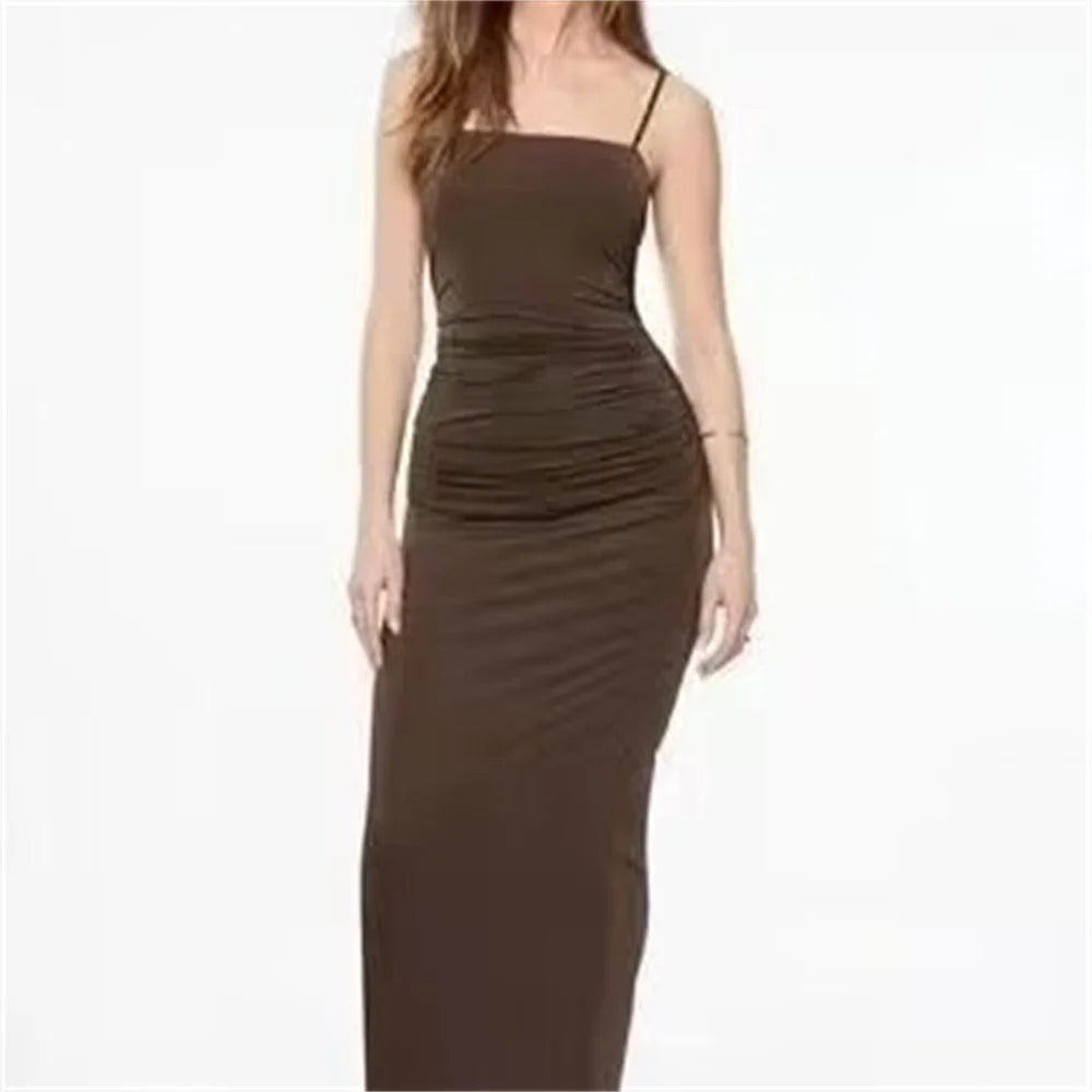 Slim Pleated Suspender Fashionable Elegant Maxi Dress