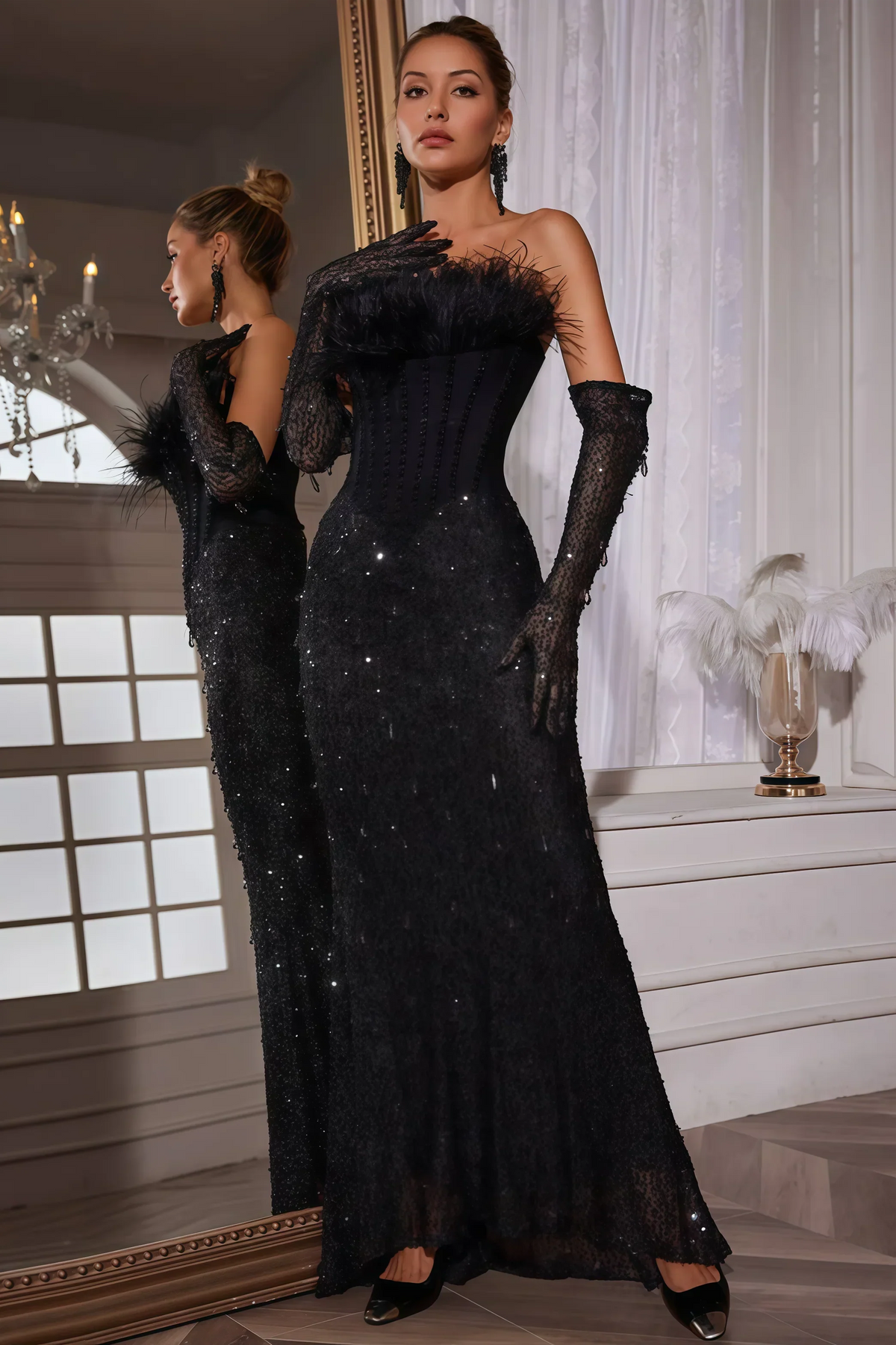 Sequin Strapless Feather Trim Corset Mermaid Maxi Dress - View 3