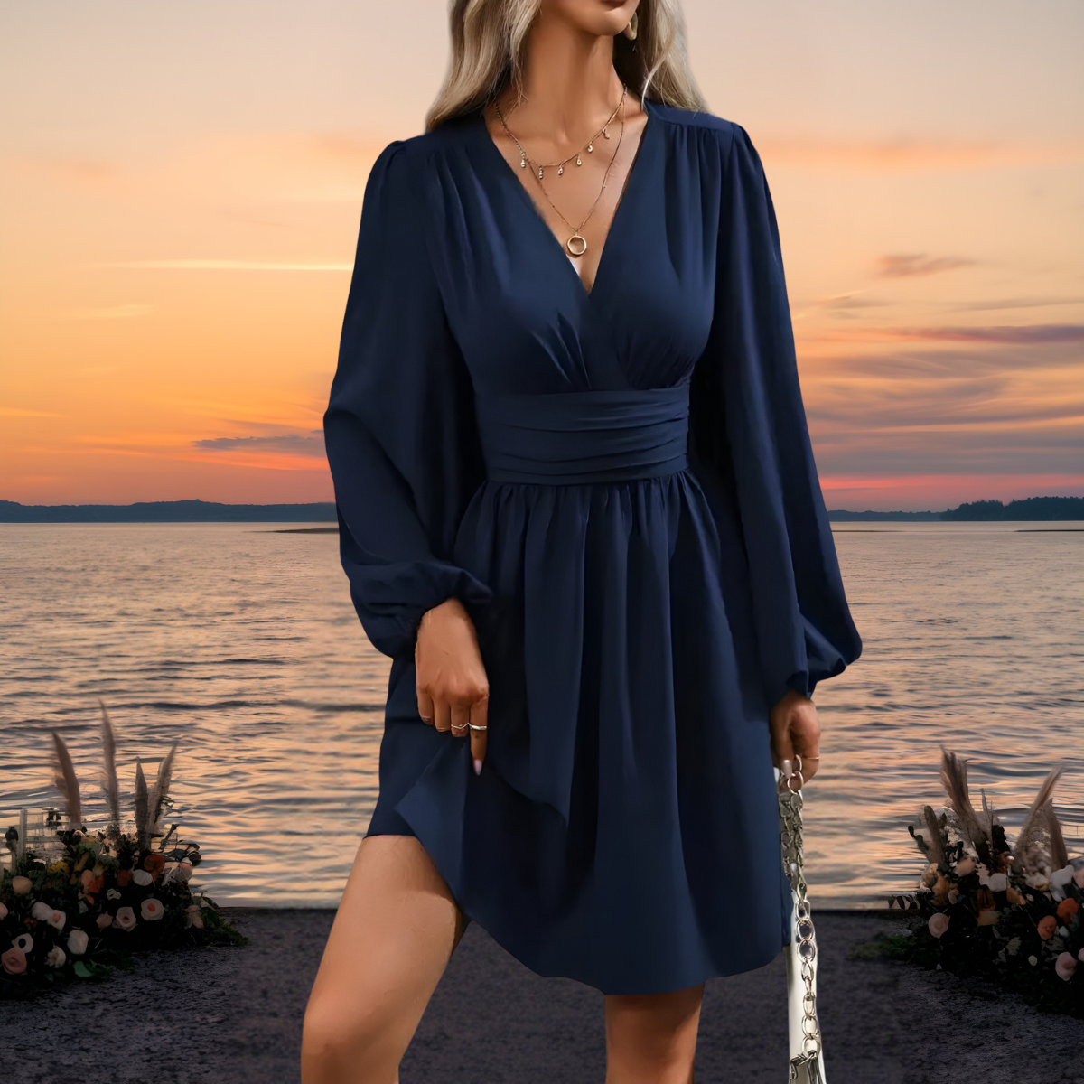 Deep V-Neck Bishop Sleeve High Waist Mini Dress