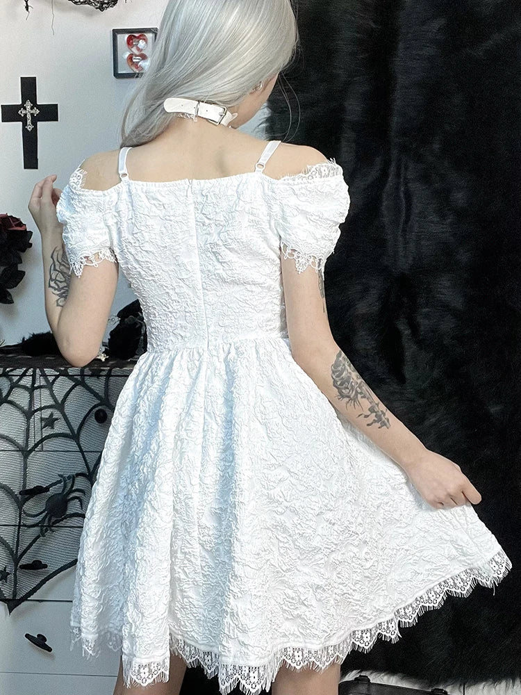 Lace Off Shoulder Puff Sleeve A-Line Mini Dress