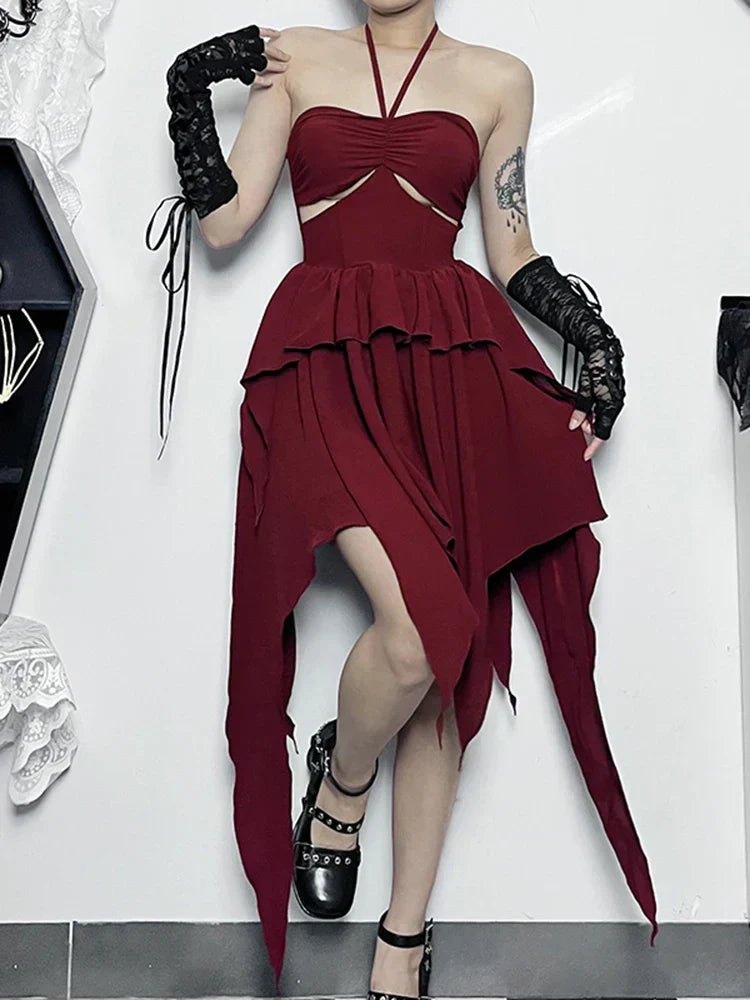 Halter Neck Cut Out Ruffle Asymmetric Hem Mini Dress - View 5