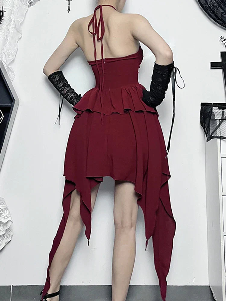 Halter Neck Cut Out Ruffle Asymmetric Hem Mini Dress - View 6