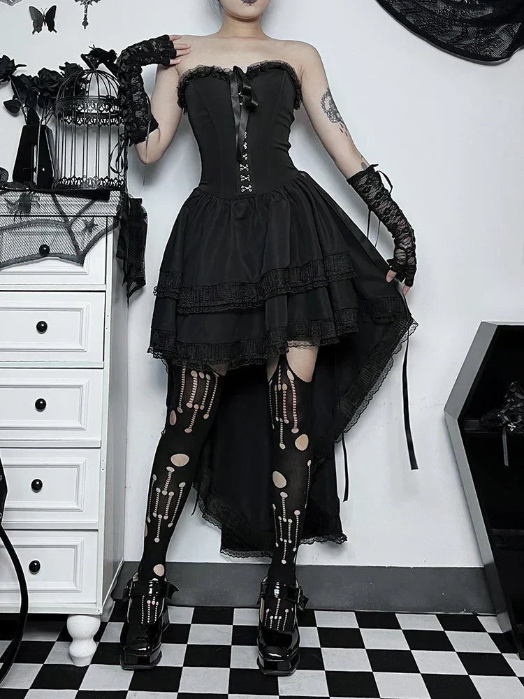 Corset Strapless Lace Trim High Low Ruffle Dress - View 6