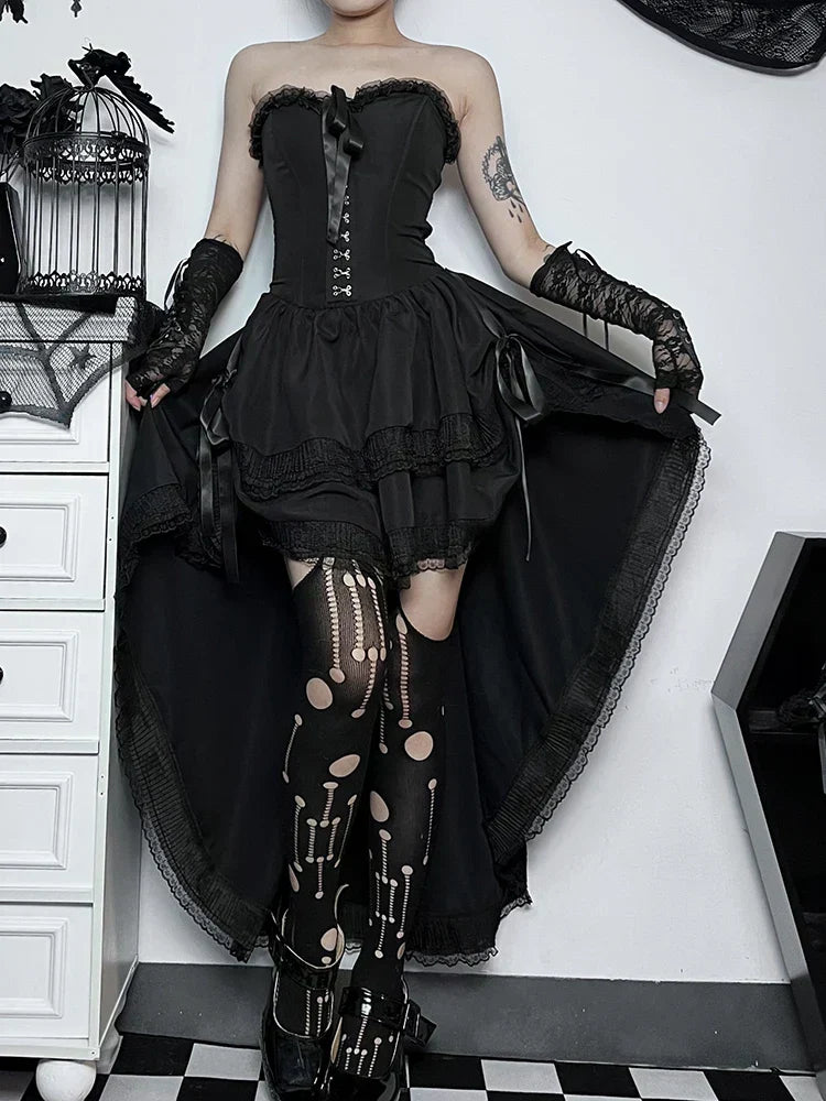 Strapless Corset Lace Trim High Low Ruffle Mini Dress - View 5