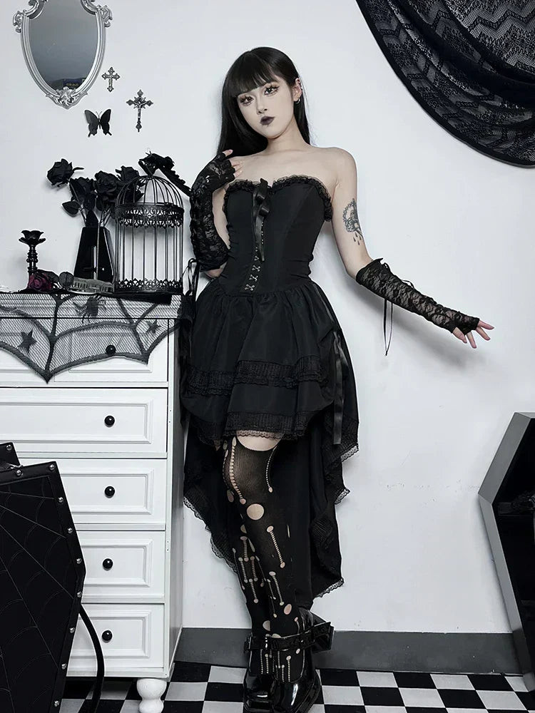 Corset Strapless Lace Trim High Low Ruffle Dress - View 7