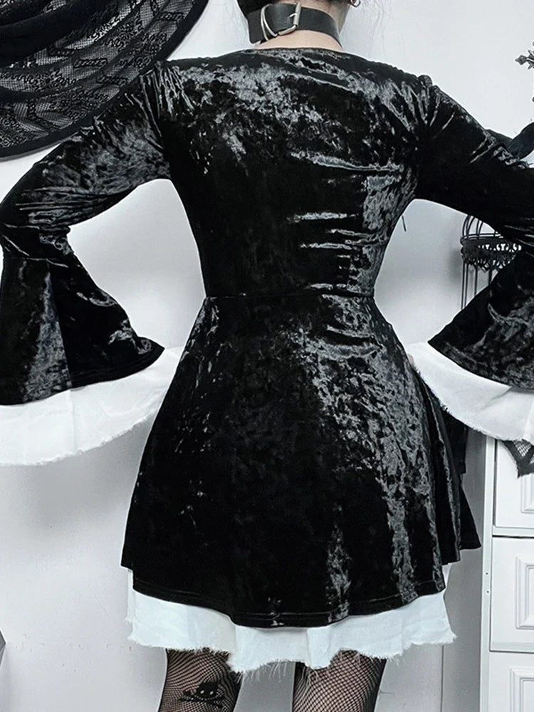 Velvet Scoop Neck Bell Sleeve Lace-Up A-Line Mini Dress
