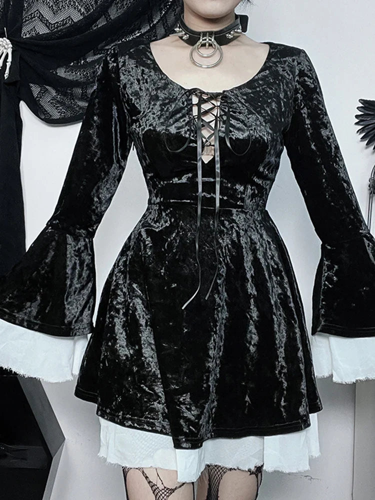 Velvet Scoop Neck Bell Sleeve Lace-Up A-Line Mini Dress