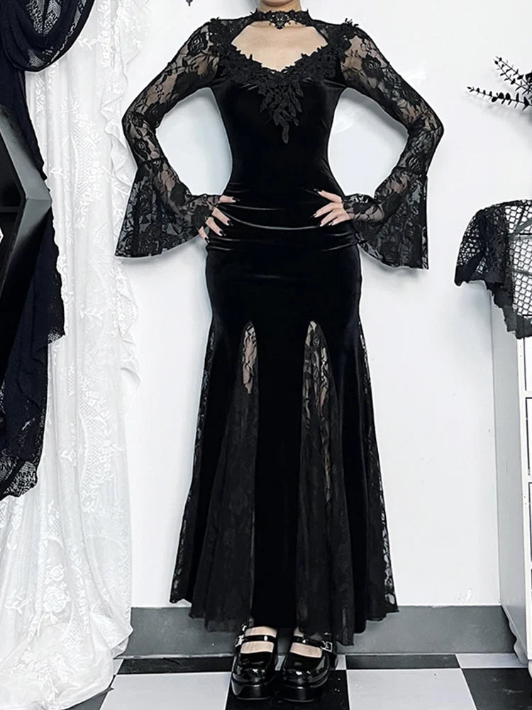 Velvet Lace-Panel V-Neck Bell-Sleeve Mermaid Maxi Dress 5