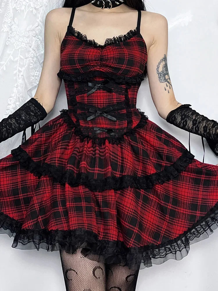 Plaid Lace-Up Corset Tiered Ruffle Mini Dress