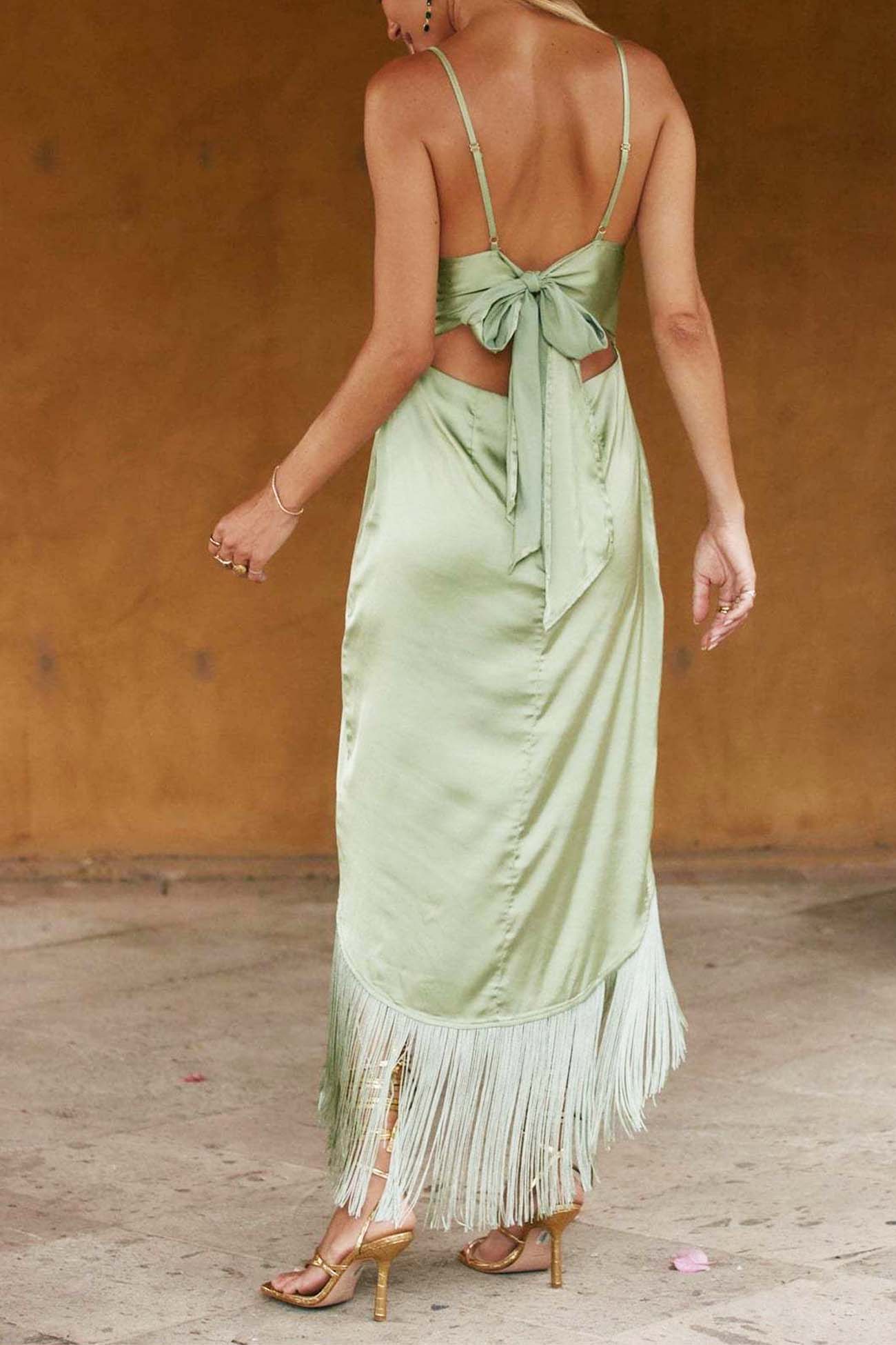 Irregular Tassel Backless Bow Cami Dress