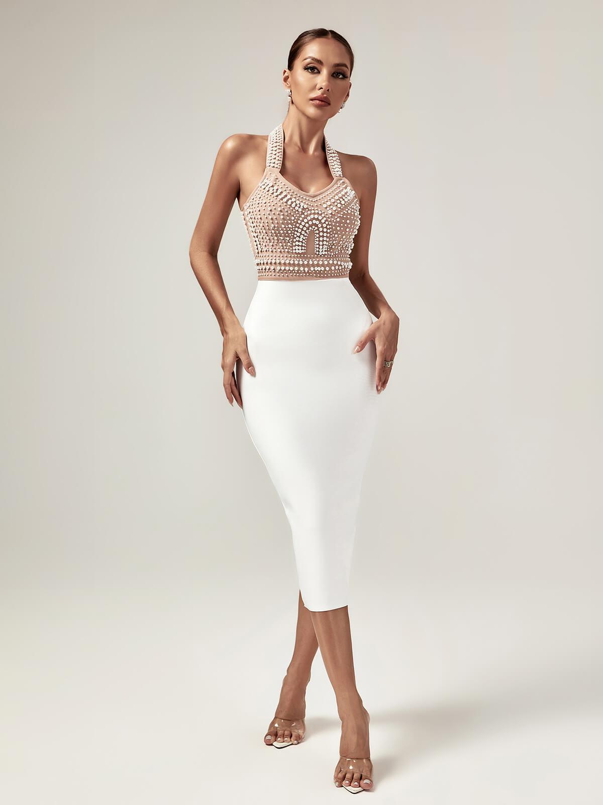 Pearl-Embellished Halter Bandage Top & Skirt Set