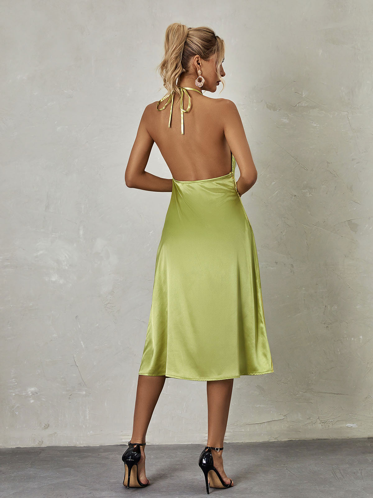 Satin Halter Plunge Pleated A-Line Midi Dress 5