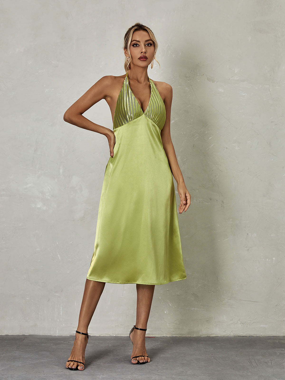 Satin Halter Plunge Pleated A-Line Midi Dress 2