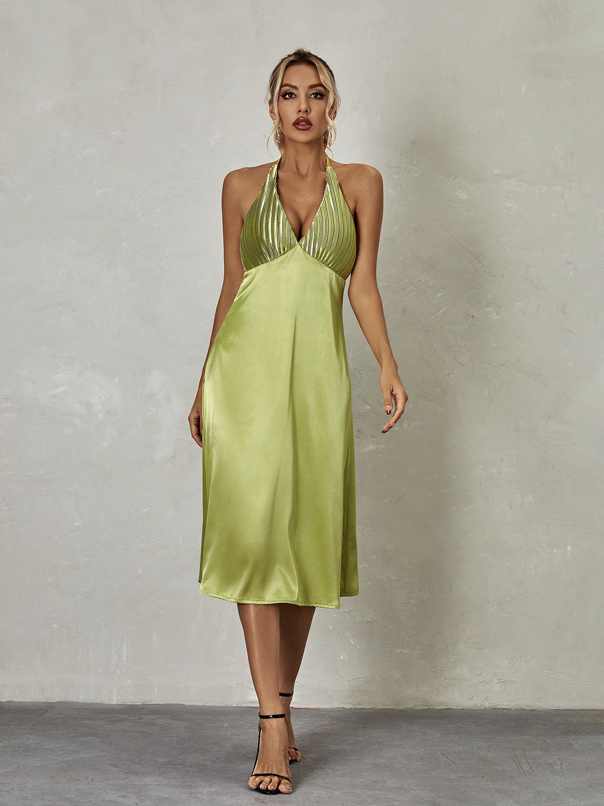 Satin Halter Plunge Pleated A-Line Midi Dress