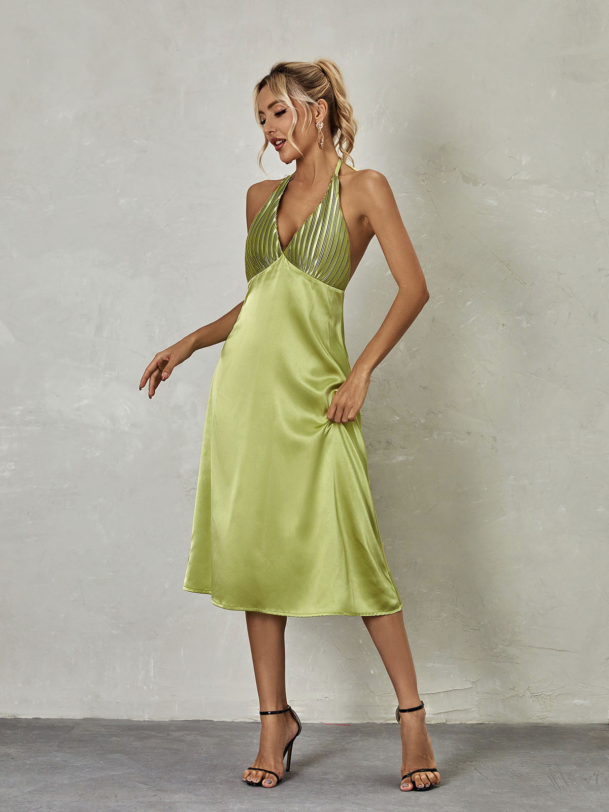 Satin Halter Plunge Pleated A-Line Midi Dress 3