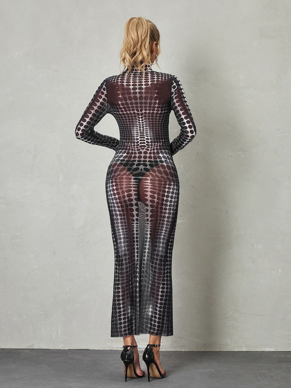 Optical Dot Print Mock Neck Long Sleeve Maxi Dress 5