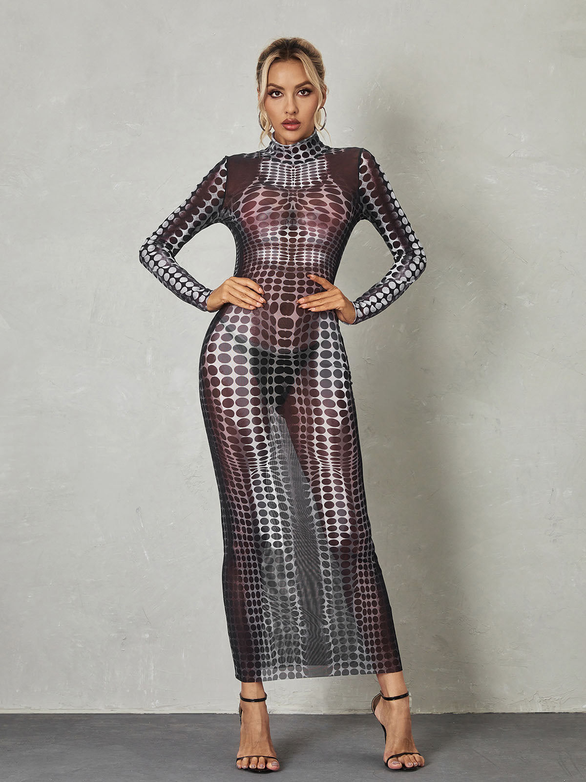 Optical Dot Print Mock Neck Long Sleeve Maxi Dress 2