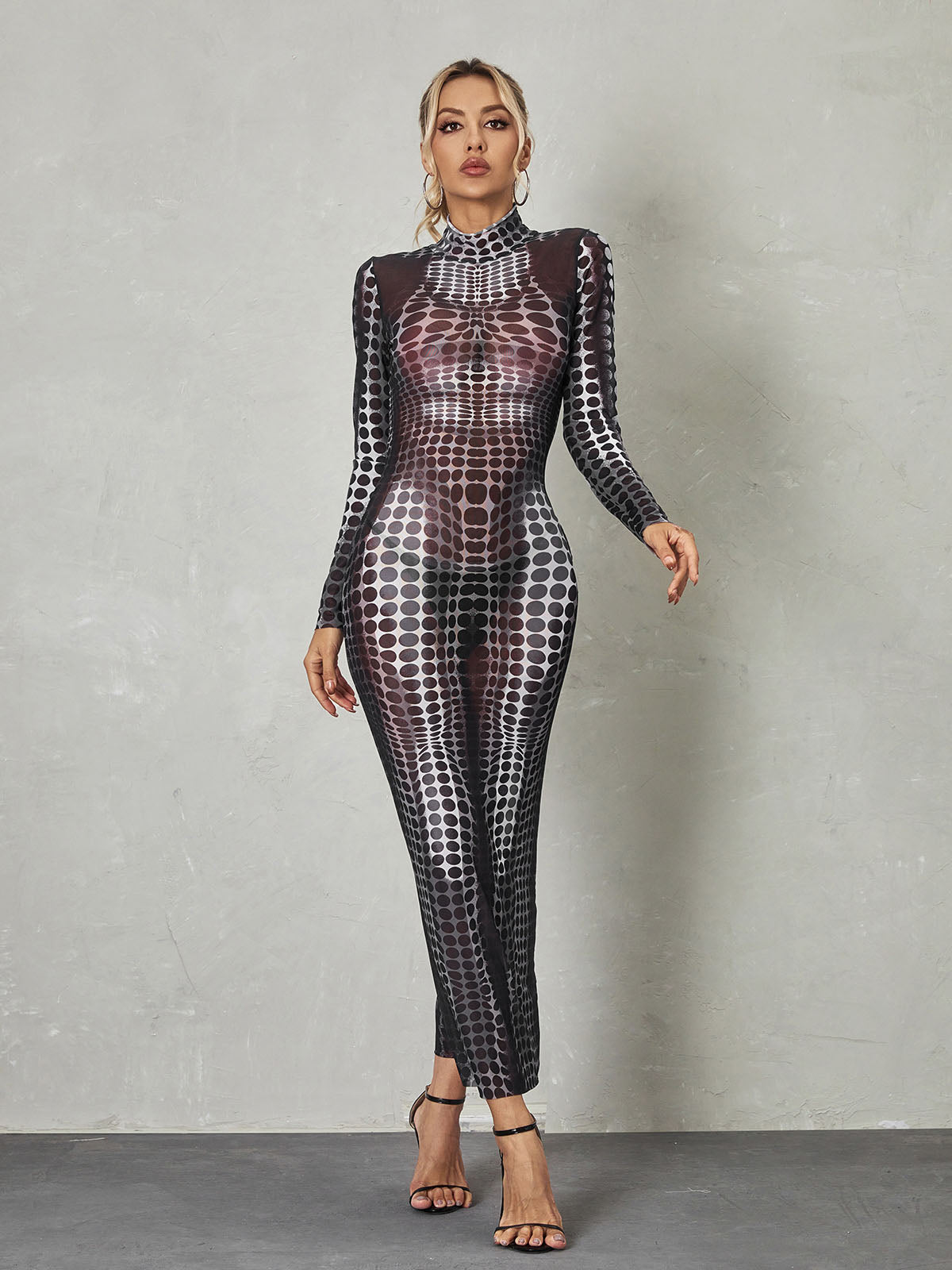 Optical Dot Print Mock Neck Long Sleeve Maxi Dress