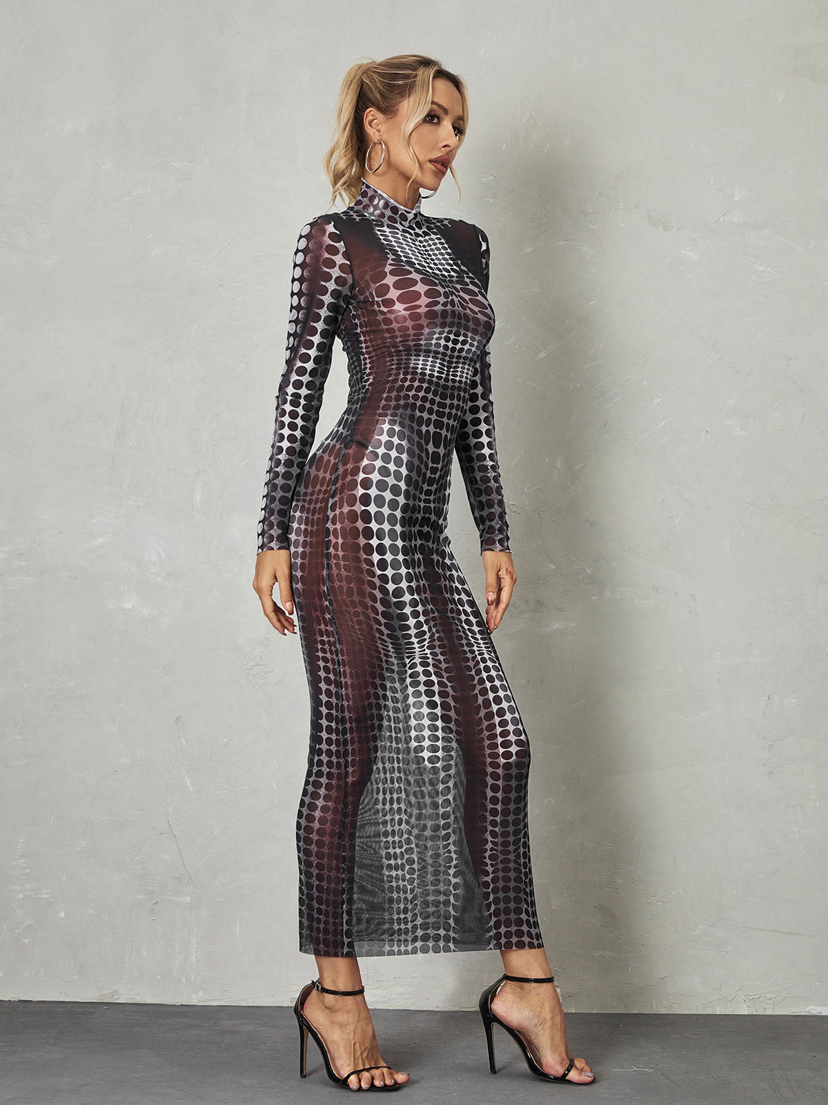 Optical Dot Print Mock Neck Long Sleeve Maxi Dress 4