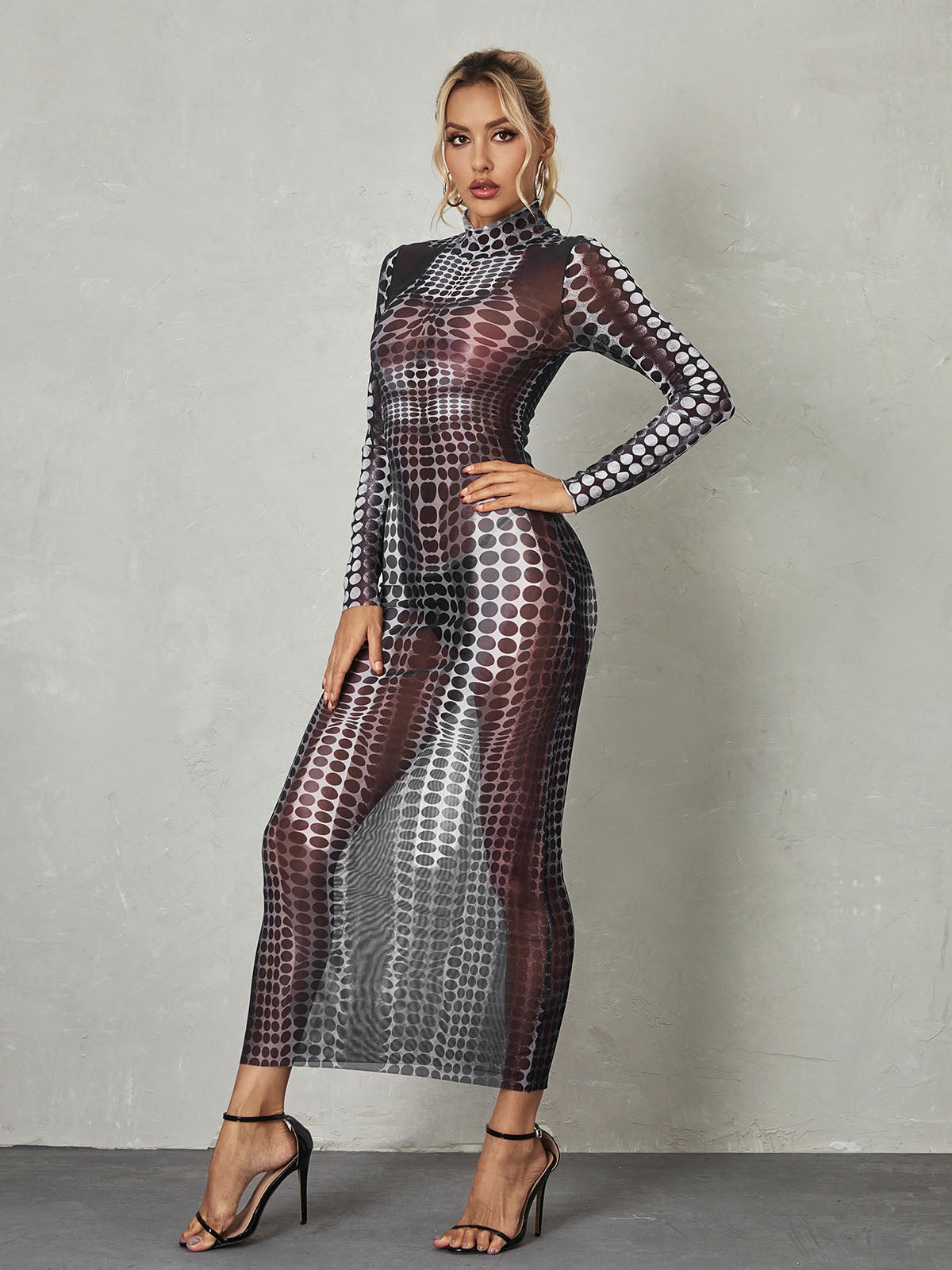 Optical Dot Print Mock Neck Long Sleeve Maxi Dress 3