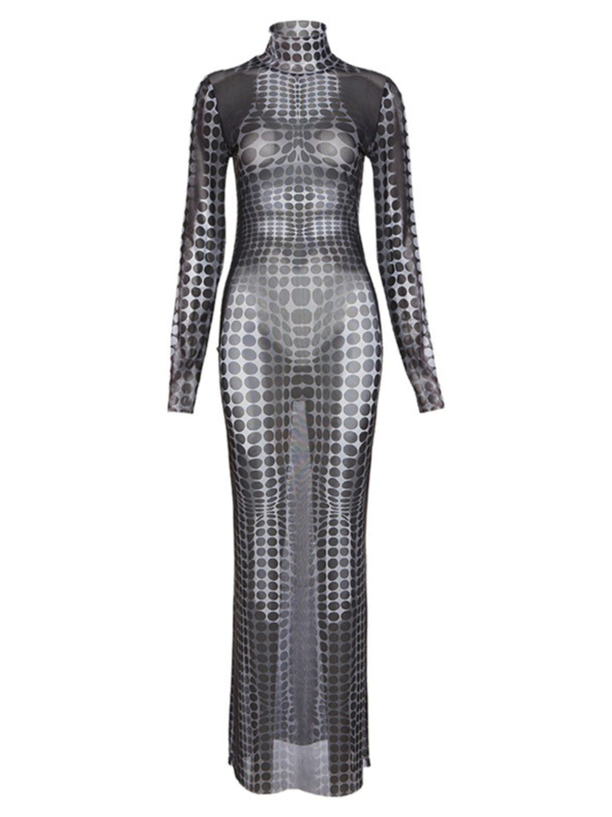 Optical Dot Print Mock Neck Long Sleeve Maxi Dress 6