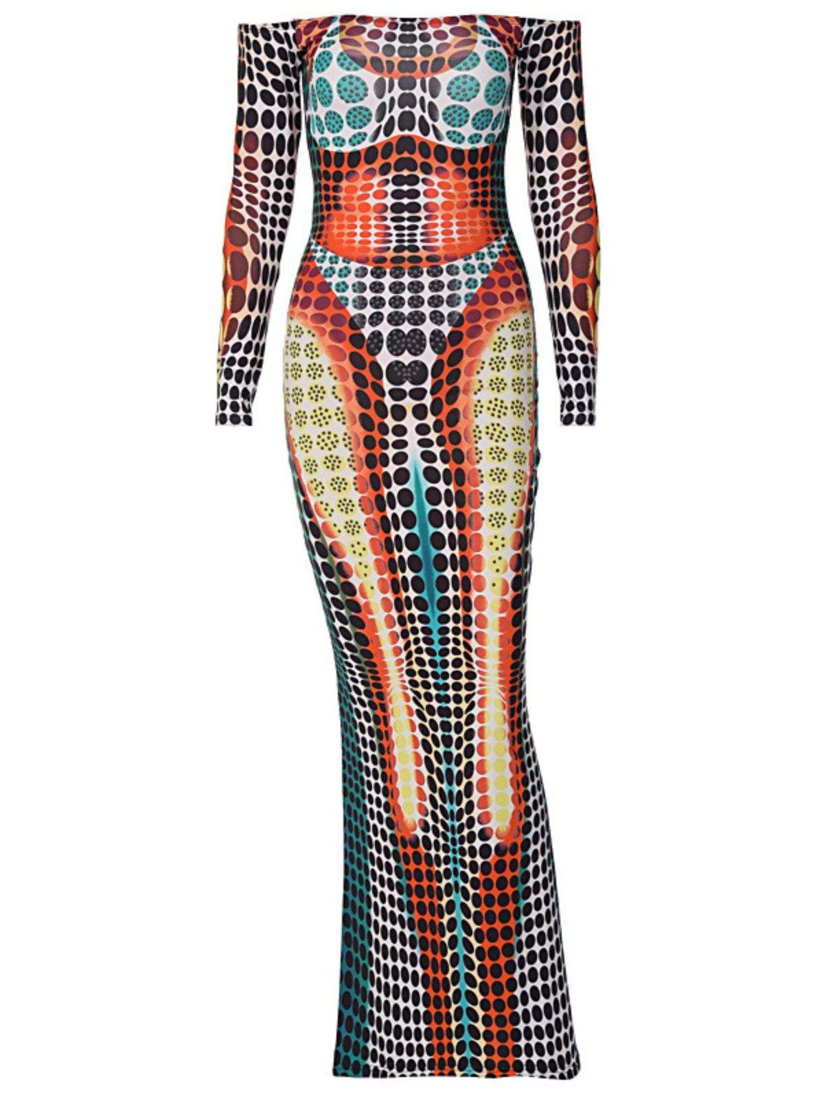 Optical Dot Print Off-Shoulder Long Sleeve Bodycon Maxi Dress 6