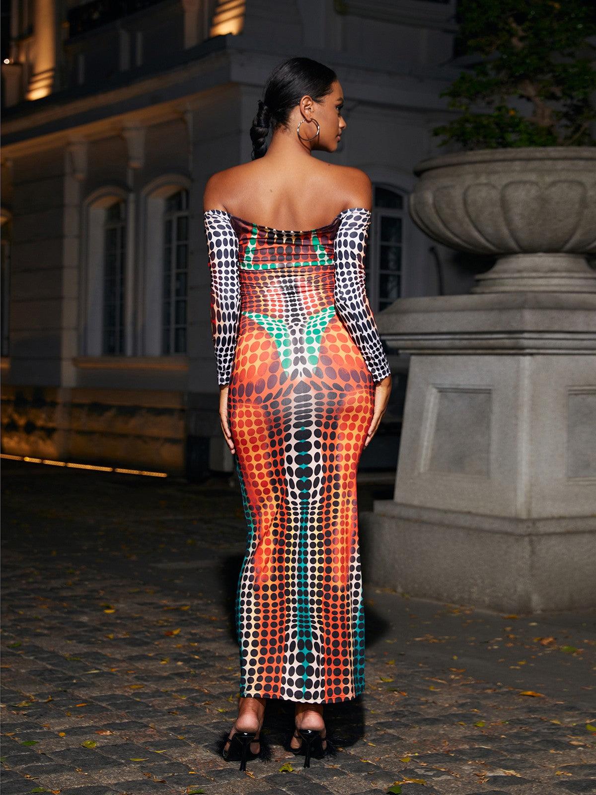 Optical Dot Print Off-Shoulder Long Sleeve Bodycon Maxi Dress 5