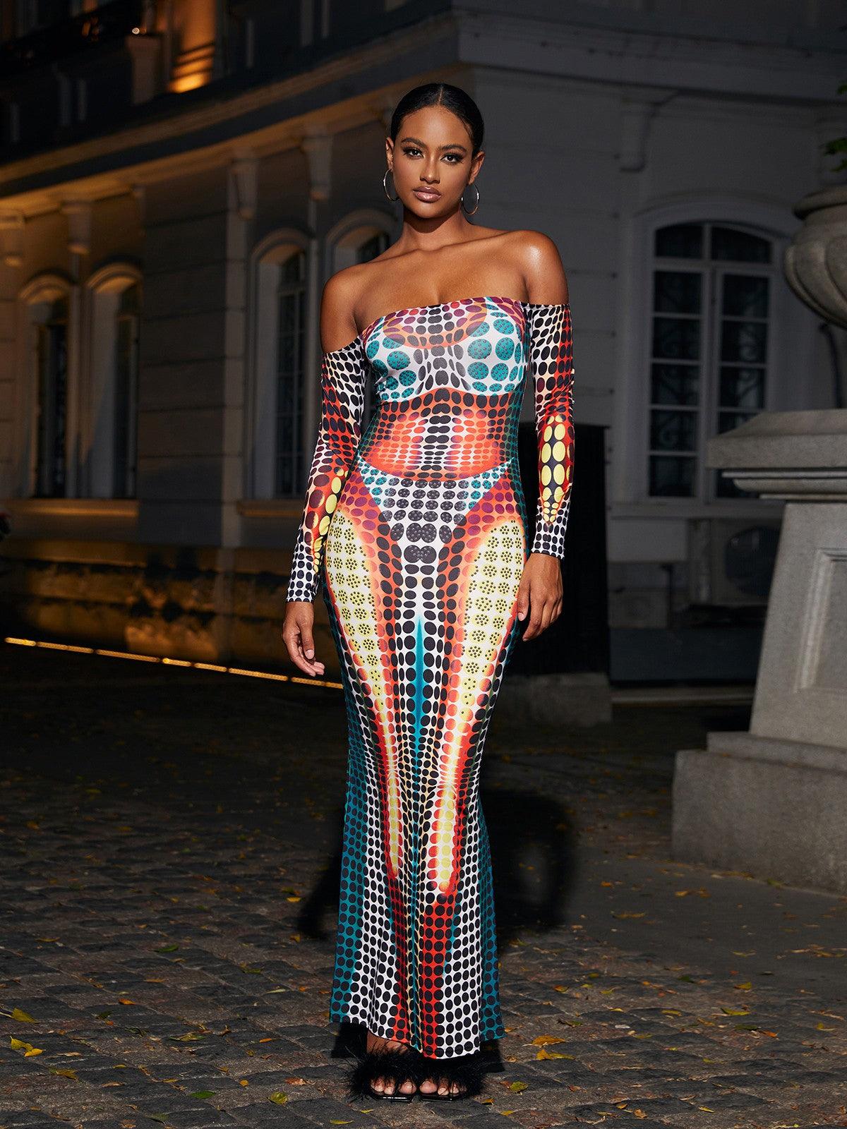 Optical Dot Print Off-Shoulder Long Sleeve Bodycon Maxi Dress
