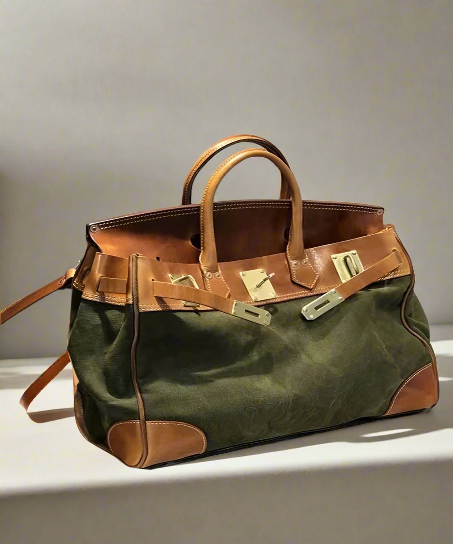 Italian Army Green Calf Leather Patchwork Tote Handbag