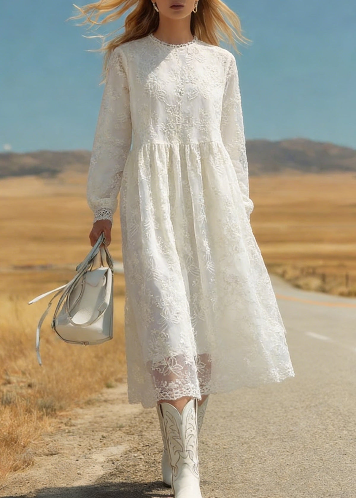 Lace Crew Neck Long Sleeve Floral Embroidered Gathered Midi Dress