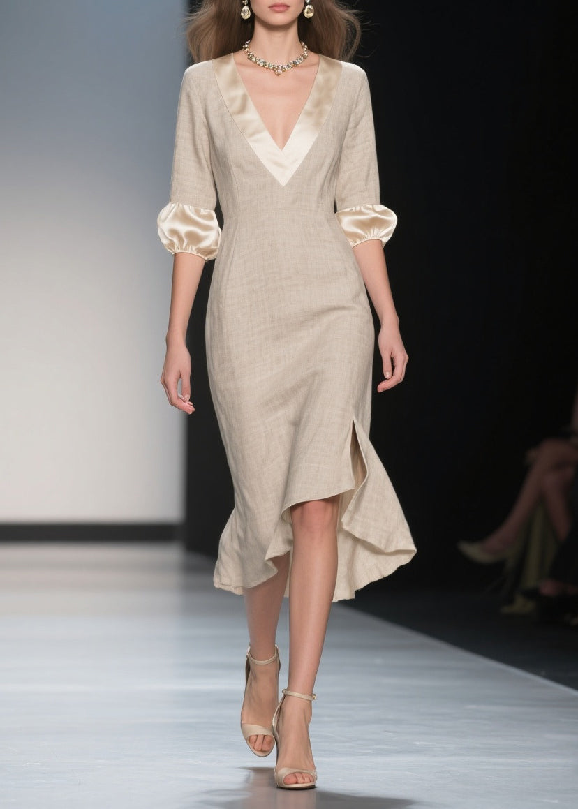 Deep V-Neck Three Quarter Lantern Sleeve Satin Trim Midi Dress