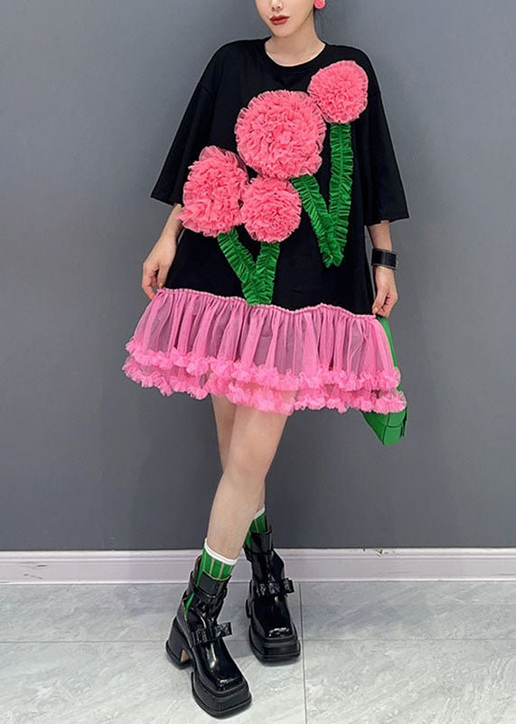 Tulle Floral Patchwork Long Sleeve Midi Dress